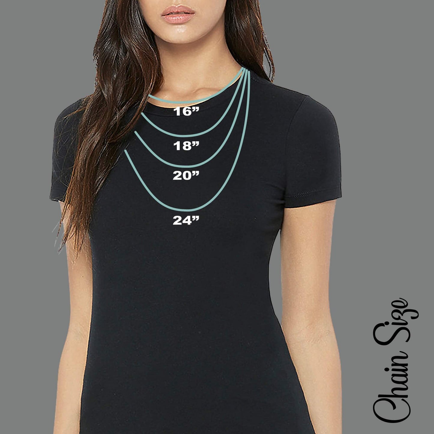 Necklace chain length chart showing a woman wearing 16”, 18”, 20”, and 24” inch chains. Chains are 925 solid sterling silver.
