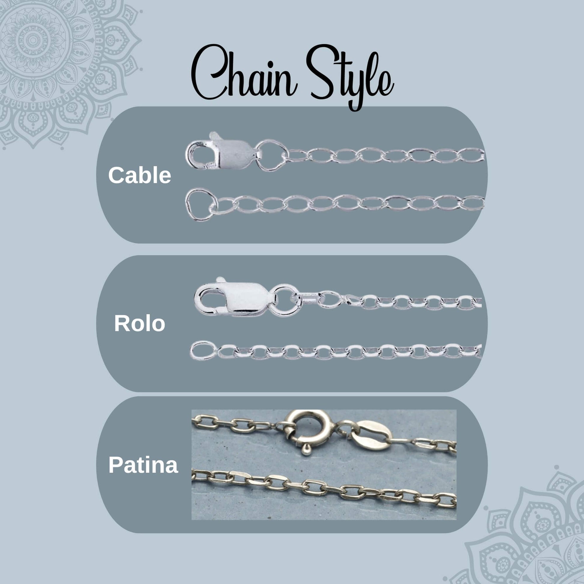 Two sterling silver chain options: a shiny rolo chain and an oxidized cable chain.