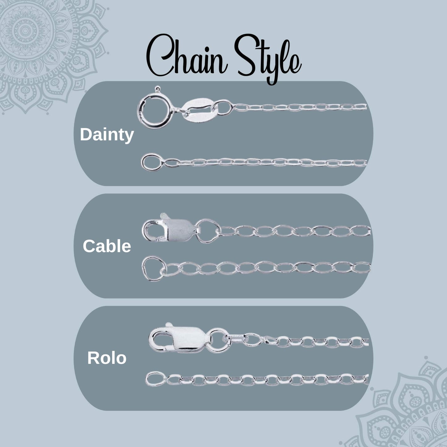 An image graphic of a close-up view of each chain style, including the clasps. There are three chain styles in 925 sterling silver: dainty, cable, and rolo links. You choose your chain size and length.