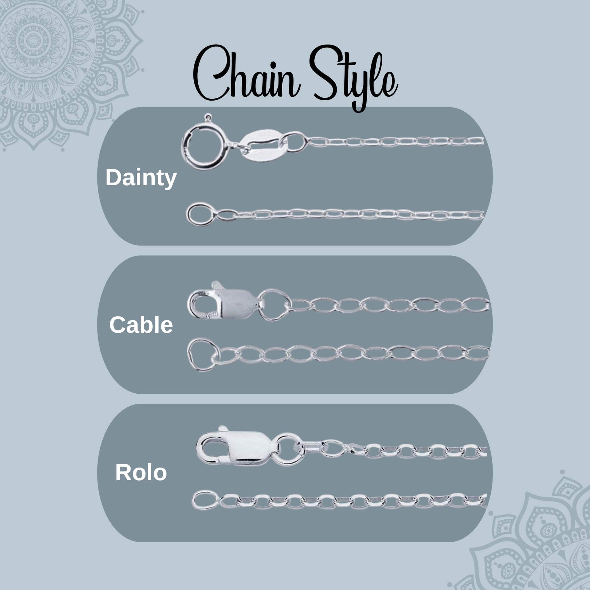 An image graphic of a close-up view of each chain style, including the clasps. There are three chain styles in 925 sterling silver: dainty, cable, and rolo links. You choose your chain size and length.