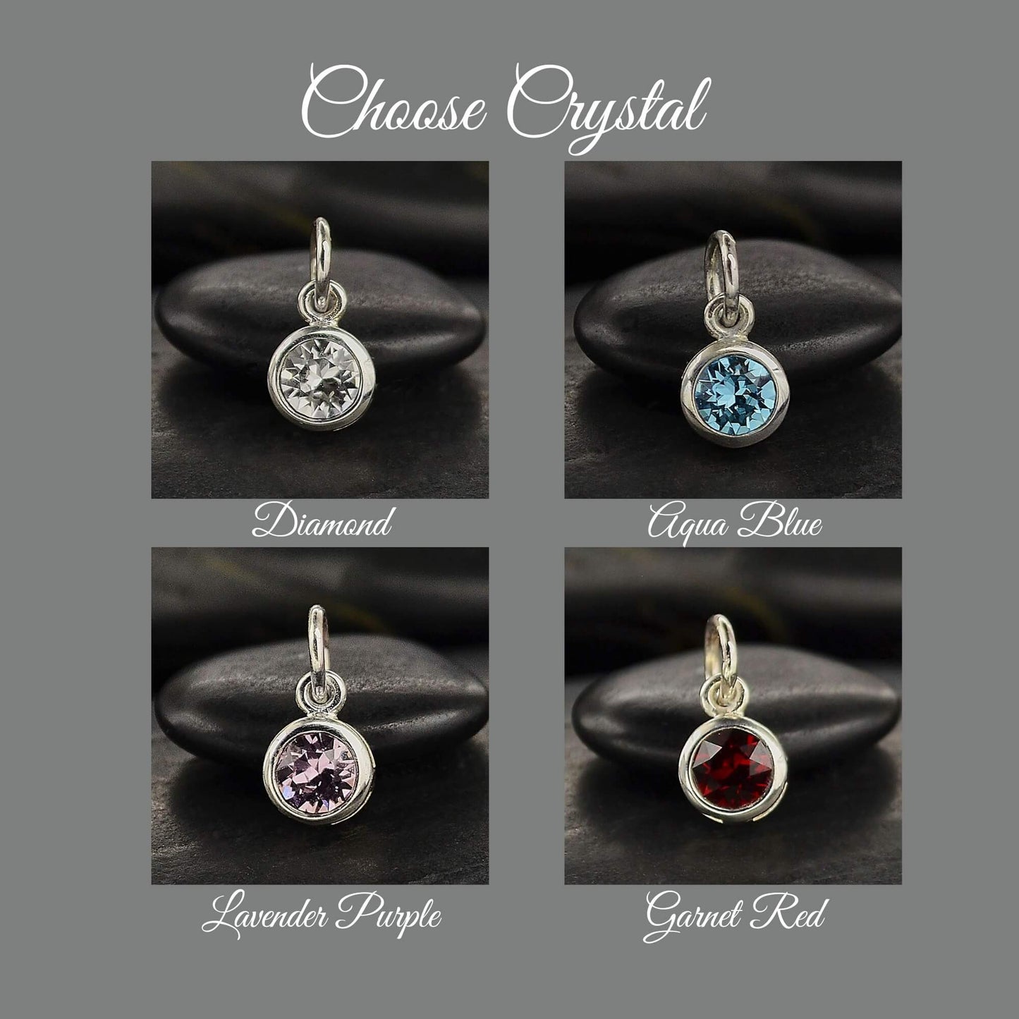 Crystal color chart with clear diamond, aqua blue, lavender purple, and garnet red crystals. Cubic zirconia crystals that are sparklingly set in a 925 sterling silver tiny round bezel setting. These are accent charms.