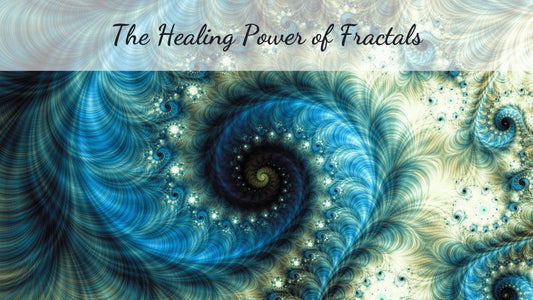 A vibrant blue and gold fractal painting with the words The Healing Power of Fractals.