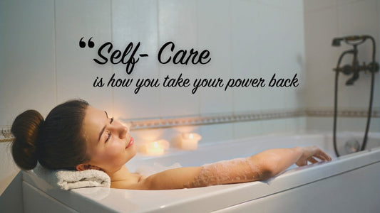 A woman taking a relaxing bath and the quote "Self-care is how you take your power back".