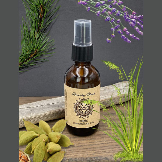 Aromatherapy mister spray for stress relief and anxiety with a blend of essential oils for relaxation and calming.