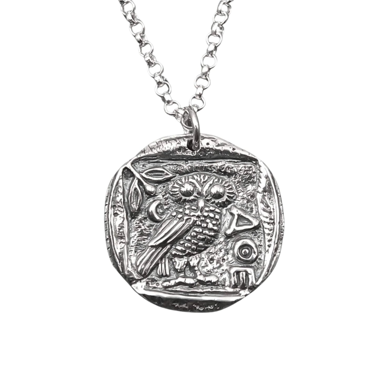 Detailed view of a handmade antiqued AOE symbol with an Owl pendant. 