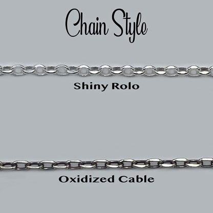 Two sterling silver chain options: a shiny rolo chain and an oxidized cable chain.