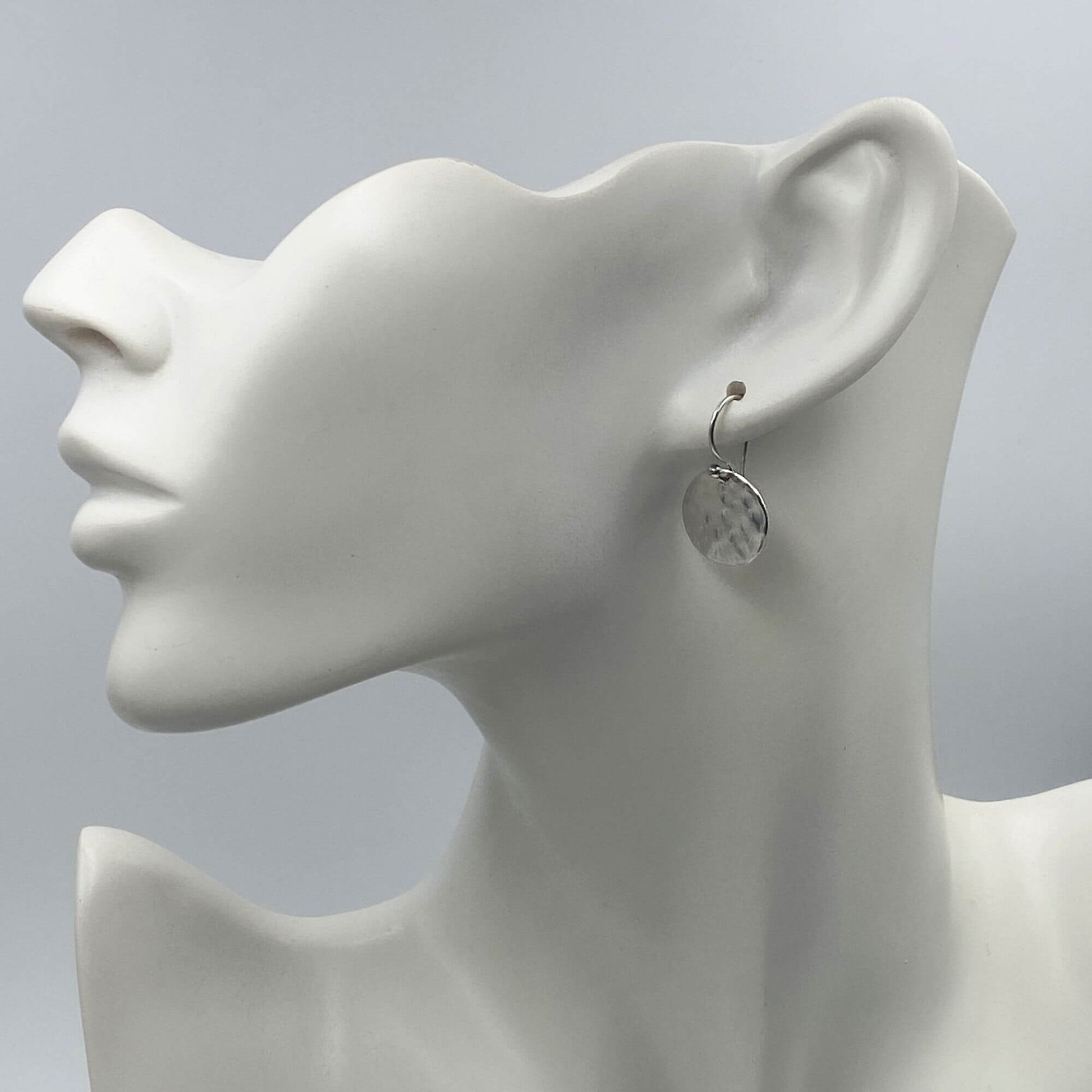 Model of a woman wearing small silver dangle earrings.