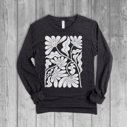 Floral Block Print Long Sleeve Tee - Charcoal Black