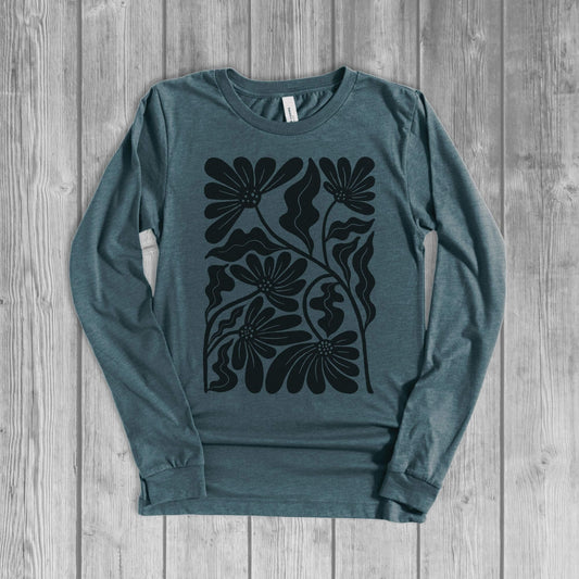 Floral Block Print Long Sleeve Tee - Slate Blue