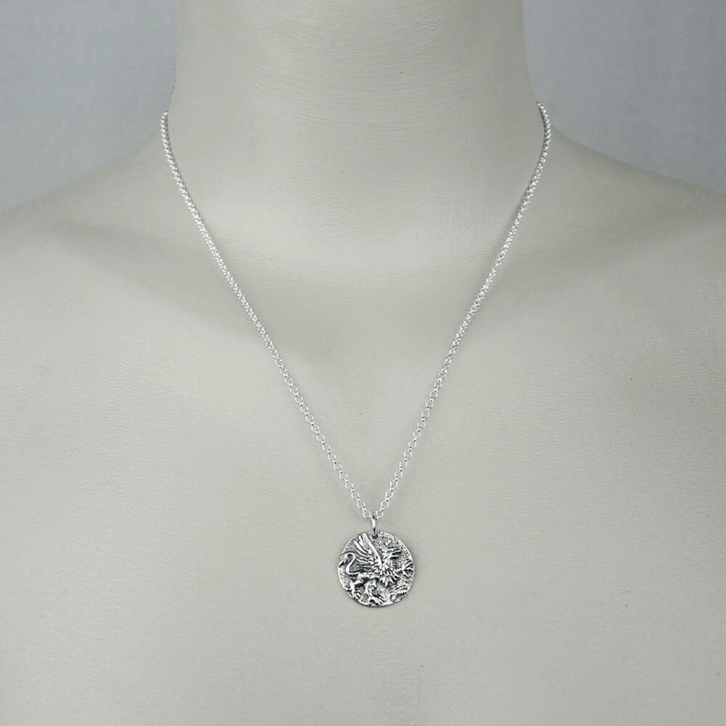 A woman wearing a sterling silver chain necklace with a trendy Griffin coin pendant.