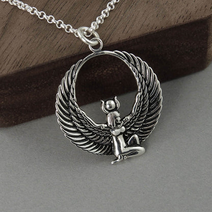 Winged shaped egyptian goddess with crown silver pendant on a sterling silver chain for women.