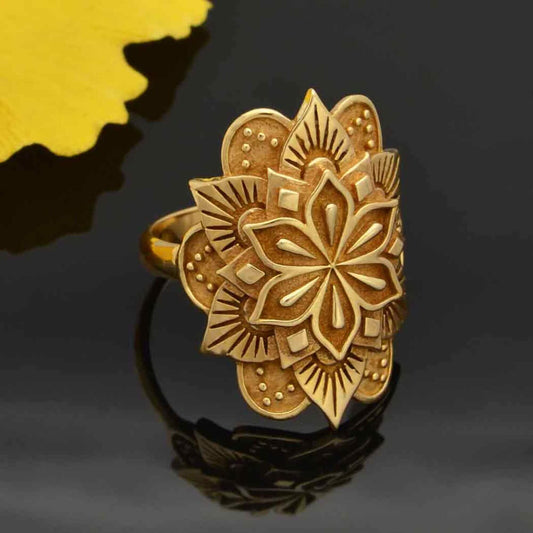 Gold mandala ring made from bronze. Large mandala statement ring for women with intricate floral petals. 