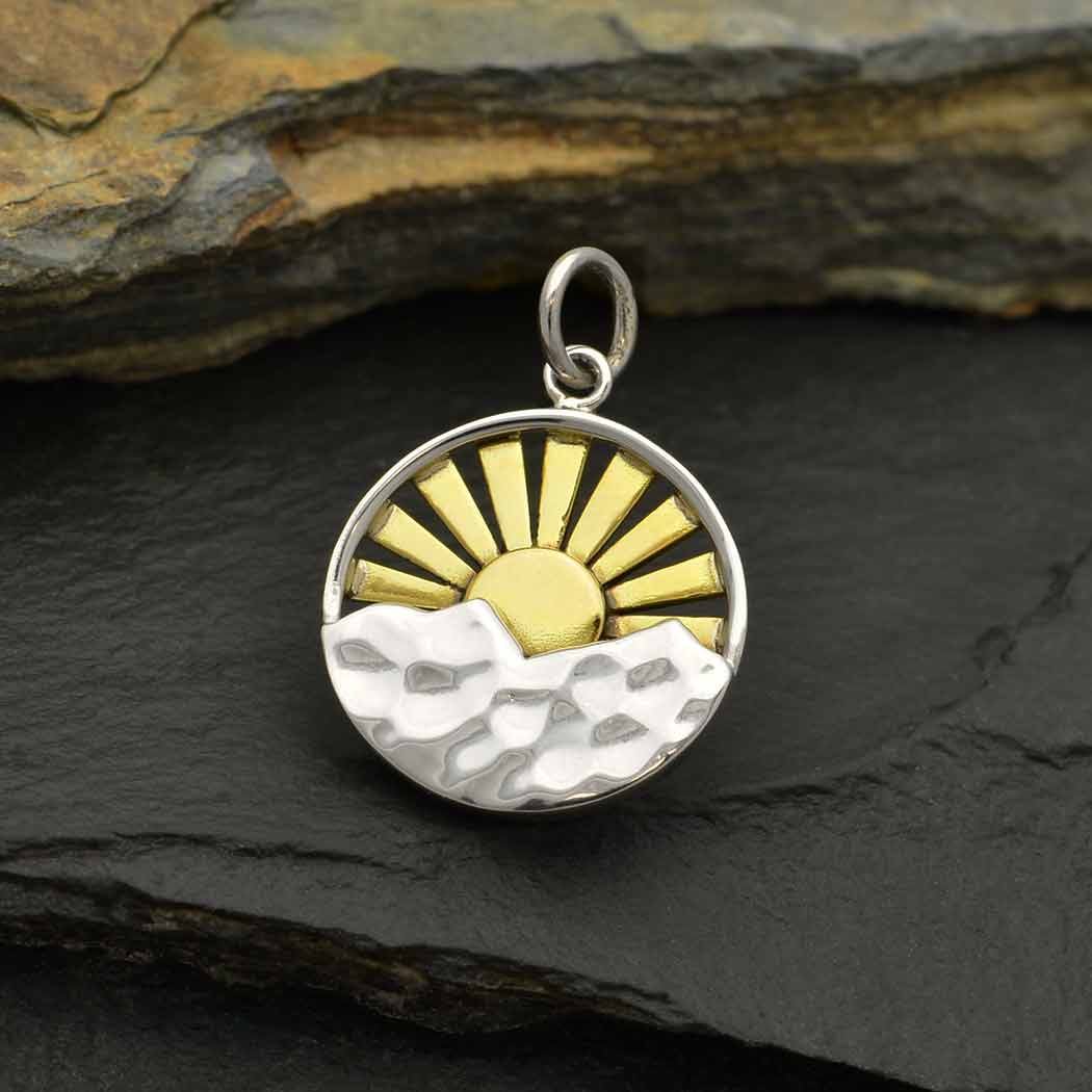 Sterling silver mountain sun pendant charm. Mixed metal gold and silver.