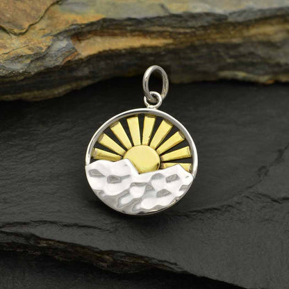 Sterling silver mountain sun pendant charm. Mixed metal gold and silver.